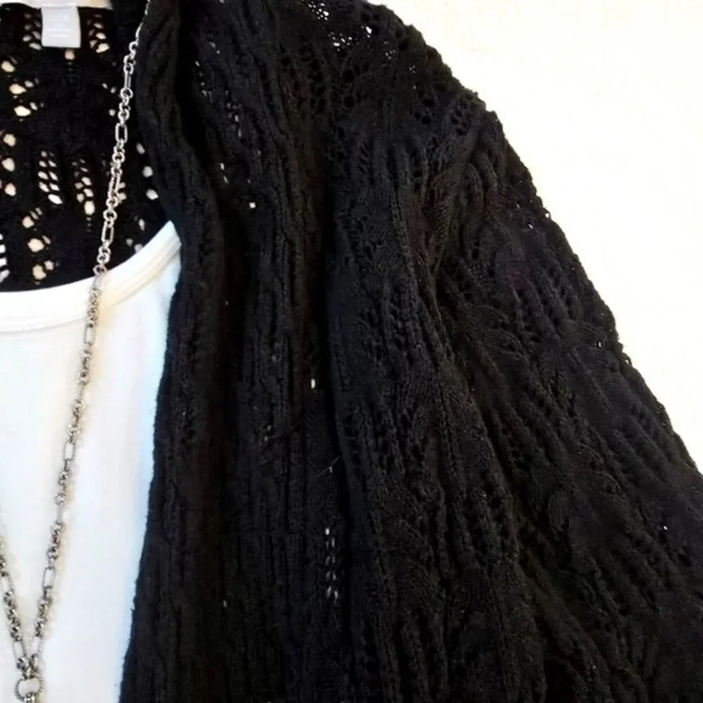 Woman Within Women's Open Front Cardigan Sweater Black Size 1X Long Flowy Knit - Picture 2 of 16